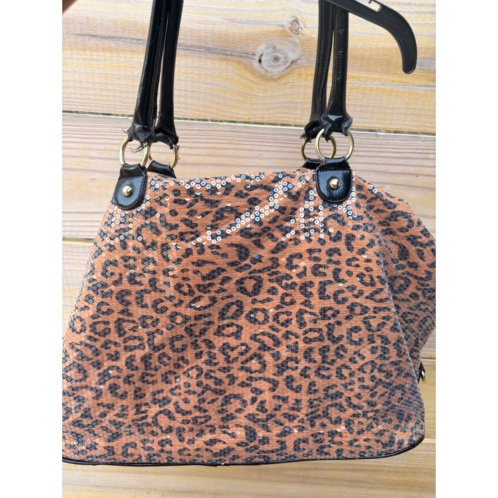 Betsey Johnson Leopard Print Sequin Shoulder Bag Black Patent Trim Gold Hardware - Picture 10 of 15